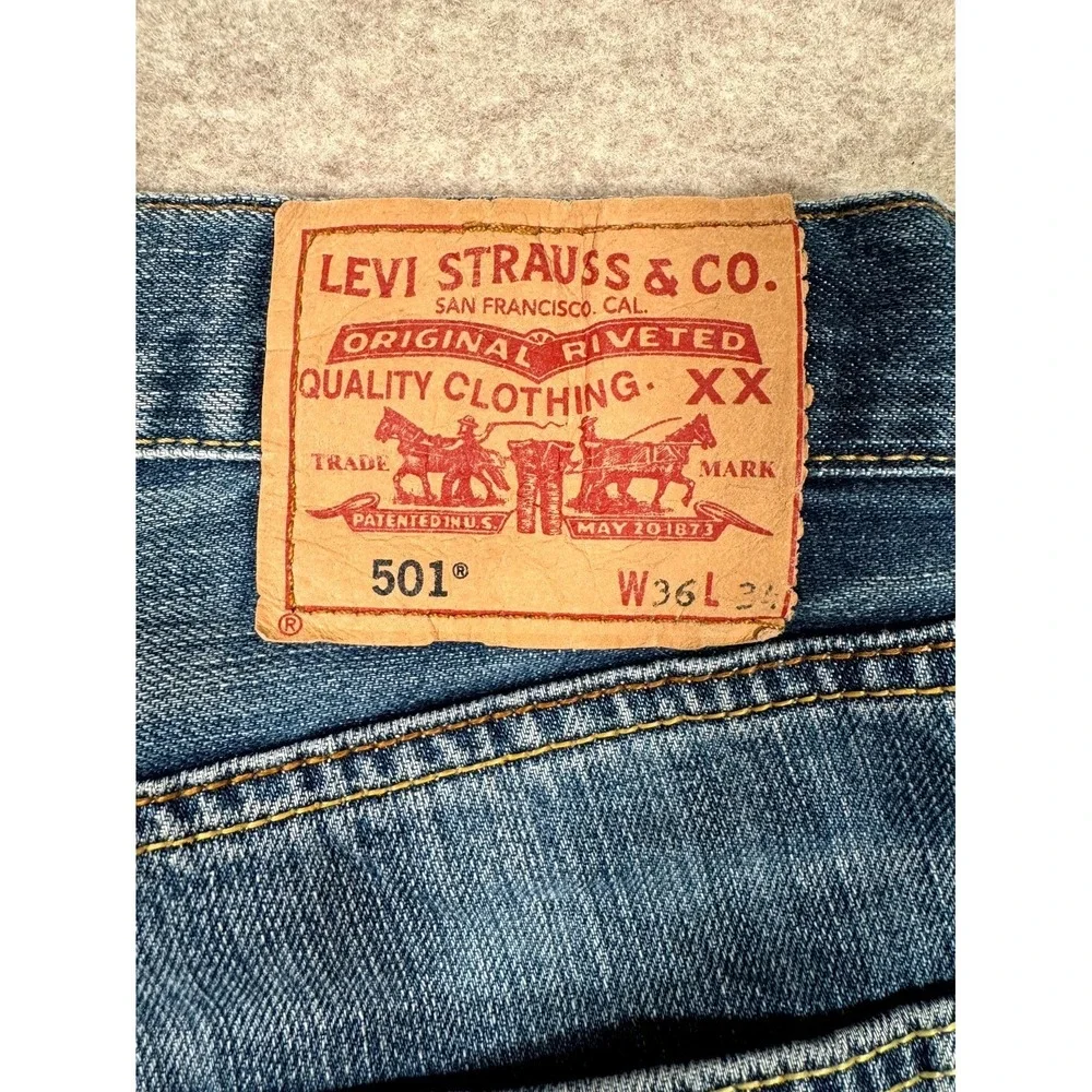 Levis 501 Jeans Mens 36x34 Blue Distressed Denim Cotton Button Fly Straight Leg